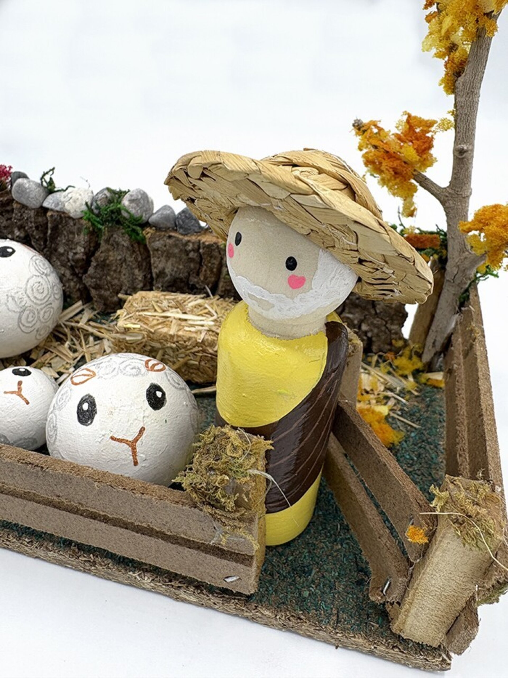 Cuadra de ovejas en miniatura con pastor – Accesorio artesanal para pesebres - 7