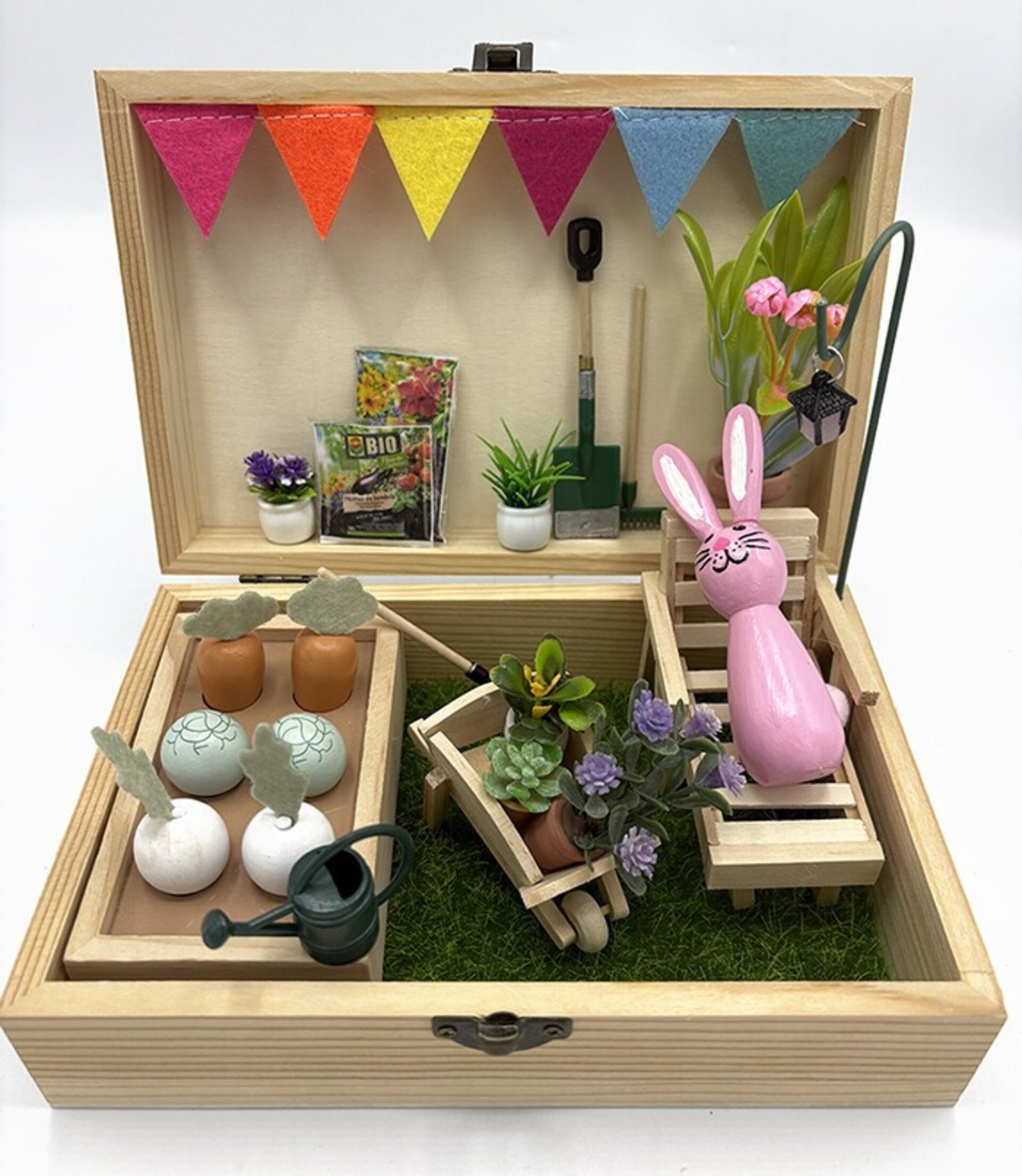 Mini Mundo en Cajita con conejito rosa – Jardín en Miniatura Hecho a Mano - 7