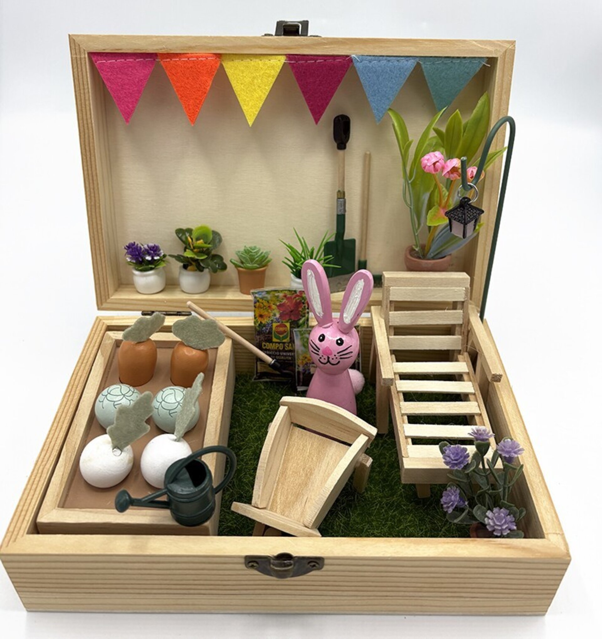 Mini Mundo en Cajita con conejito rosa – Jardín en Miniatura Hecho a Mano - 1